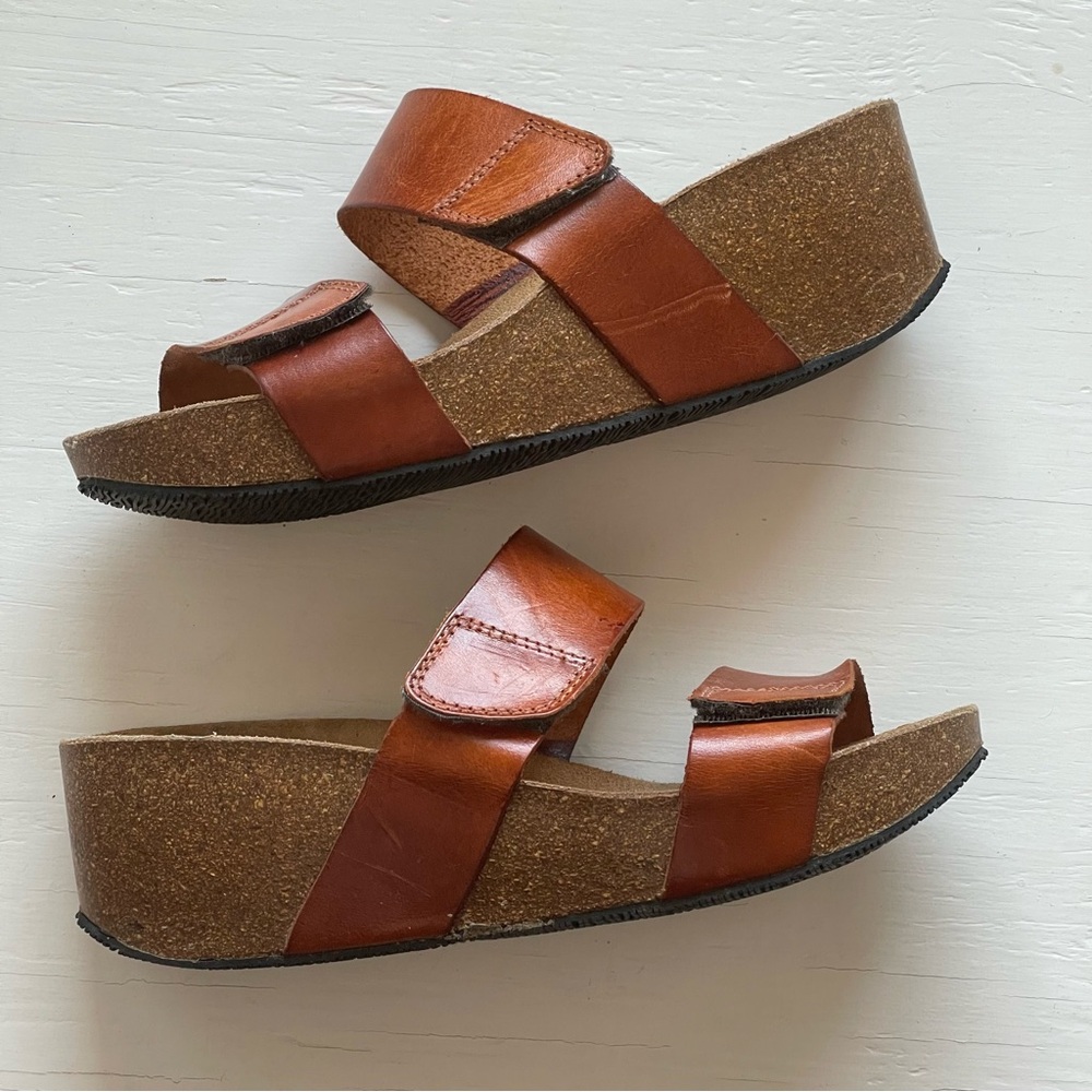 Size 40- Women’s Lola Sabbia Cork Camel Leather Adjustable Strap Wedge Sandals - Picture 6 of 12